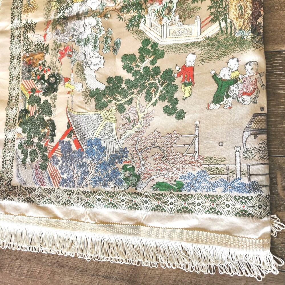 Vintage "Brocaded Flowers" Chinese Woven Silk Brocade Tapestry Tablecloth Scenic